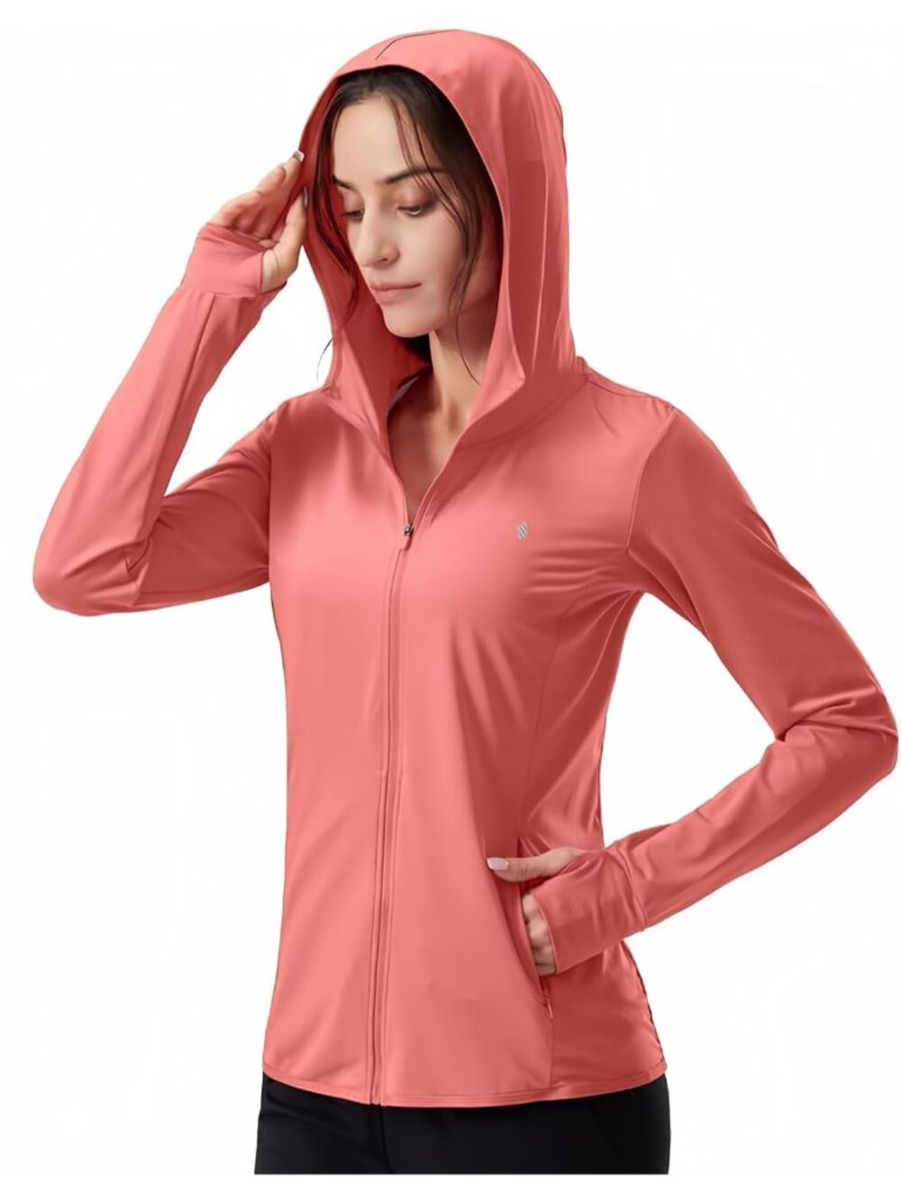 Women Coral Hoodie Thumbhole Long Sleeve Pockets Inner Pockets Full ZIP Jacket